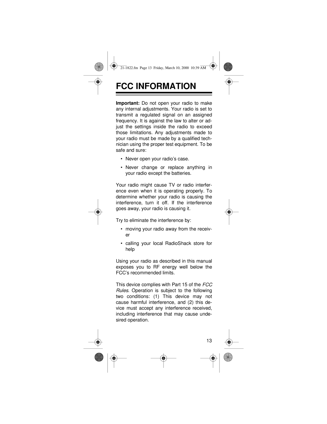 Radio Shack FRS owner manual FCC Information 