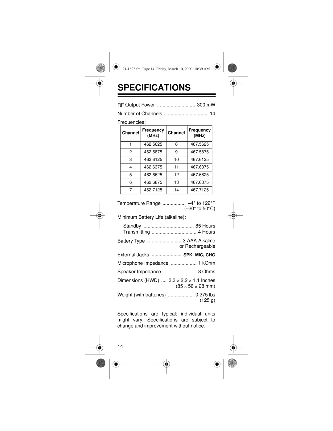 Radio Shack FRS owner manual Specifications, Frequencies 