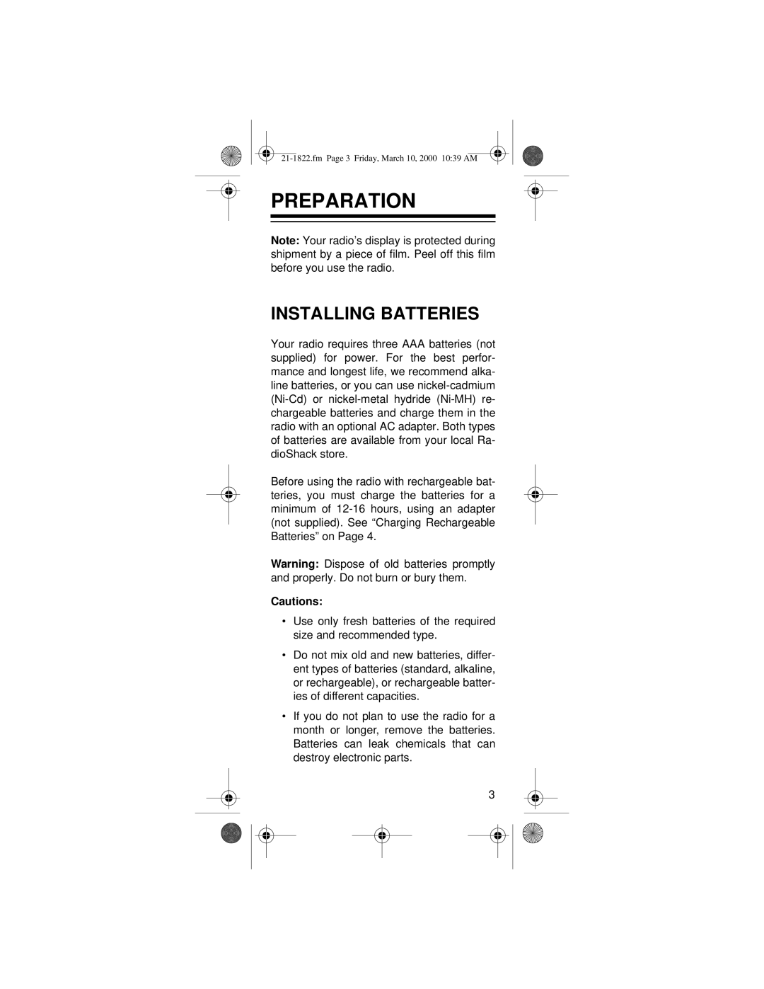 Radio Shack FRS owner manual Preparation, Installing Batteries 