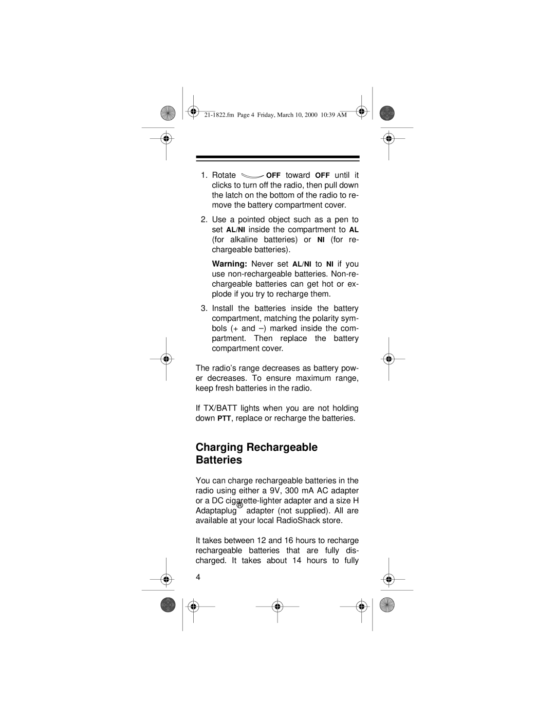 Radio Shack FRS owner manual Charging Rechargeable Batteries 