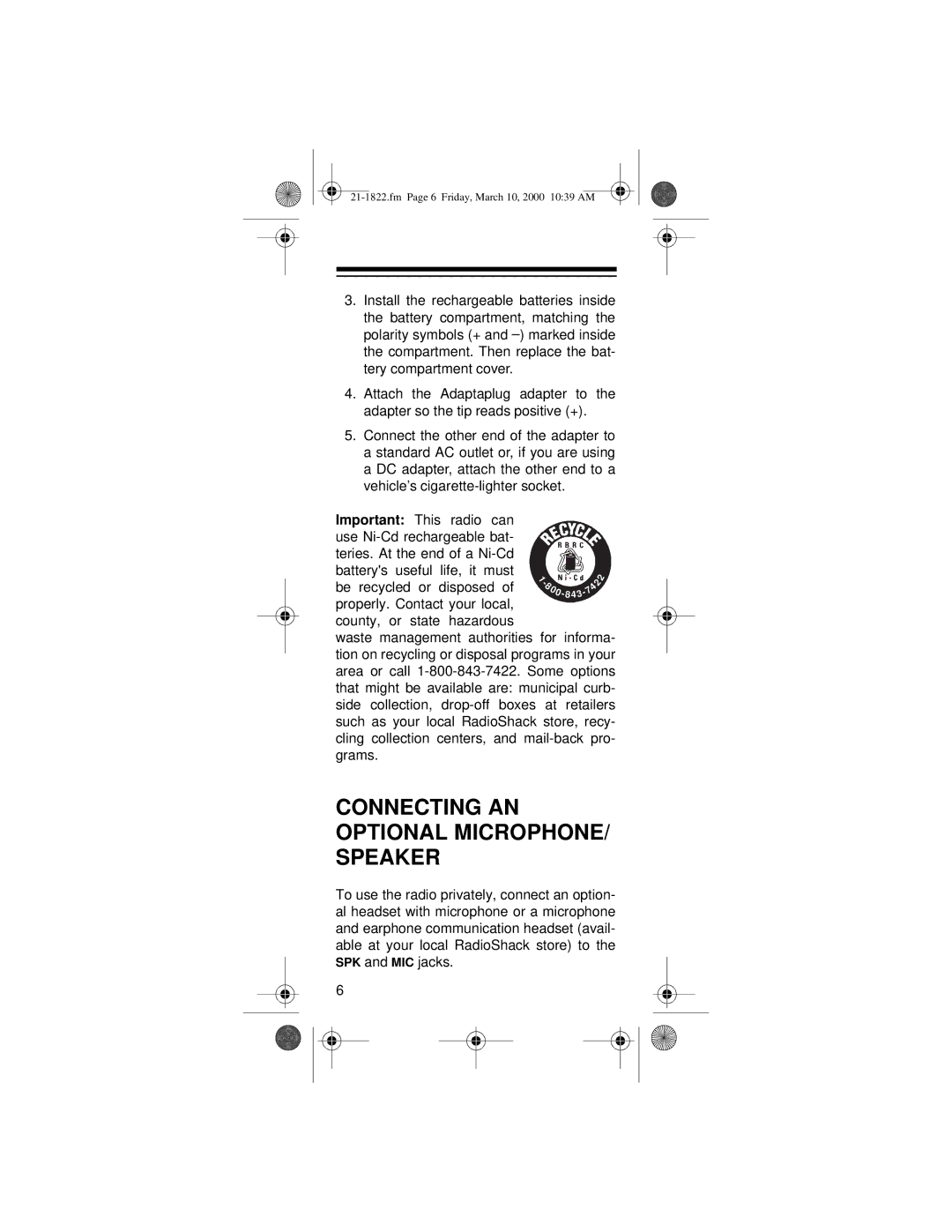 Radio Shack FRS owner manual Connecting AN Optional MICROPHONE/ Speaker 