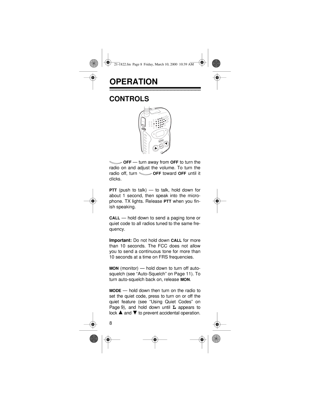 Radio Shack FRS owner manual Operation, Controls 