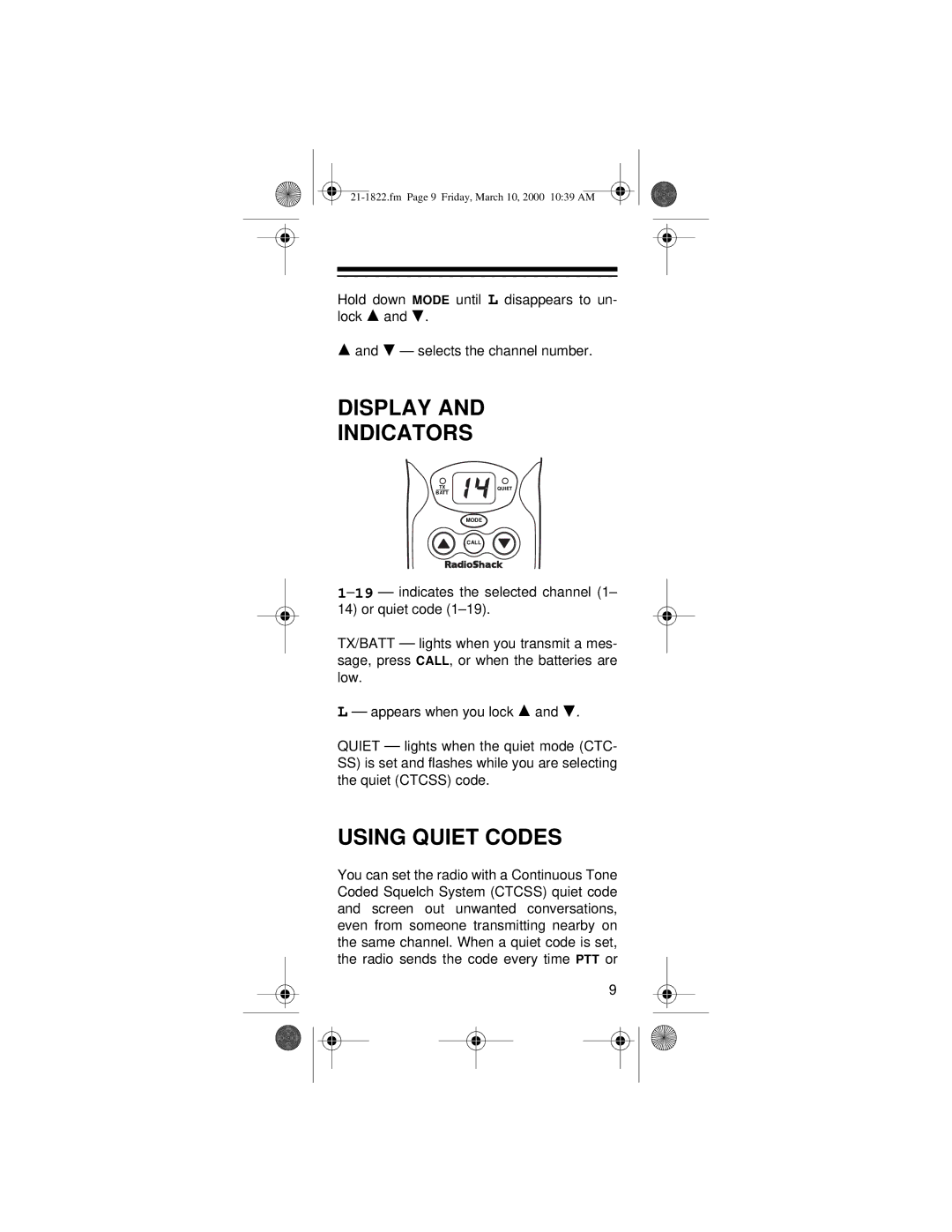 Radio Shack FRS owner manual Display Indicators, Using Quiet Codes 