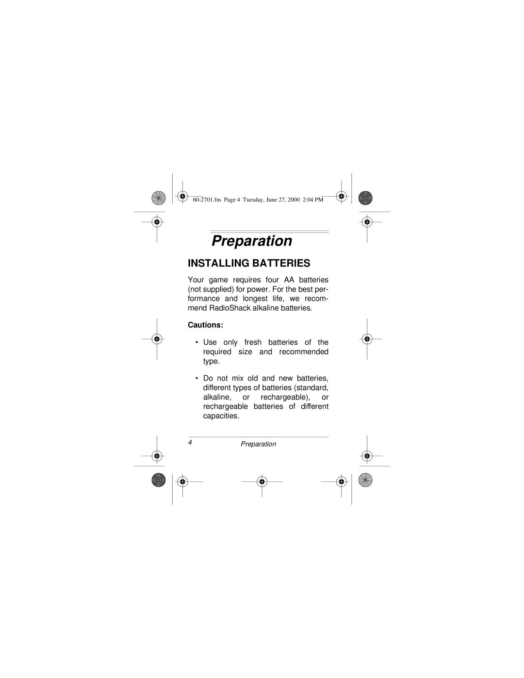 Radio Shack FX2 owner manual Preparation, Installing Batteries 