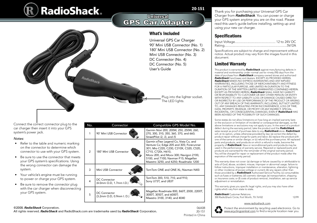 Radio Shack GPS Car Adapter specifications What’s Included, Specifications, Limited Warranty 