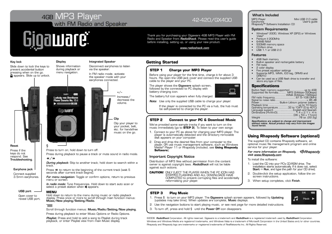 Radio Shack 42-420, GX400 specifications Getting Started, Speciﬁcations, Using Rhapsody Software optional 