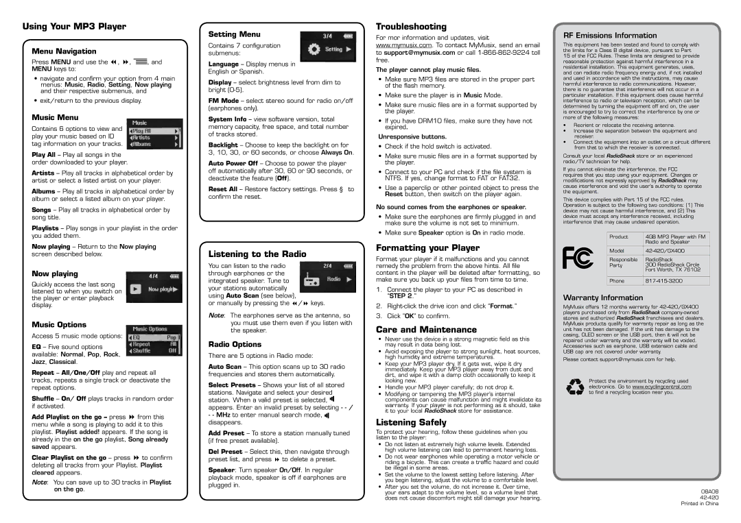 Radio Shack GX400 Using Your MP3 Player, Listening to the Radio, Troubleshooting, Formatting your Player, Listening Safely 