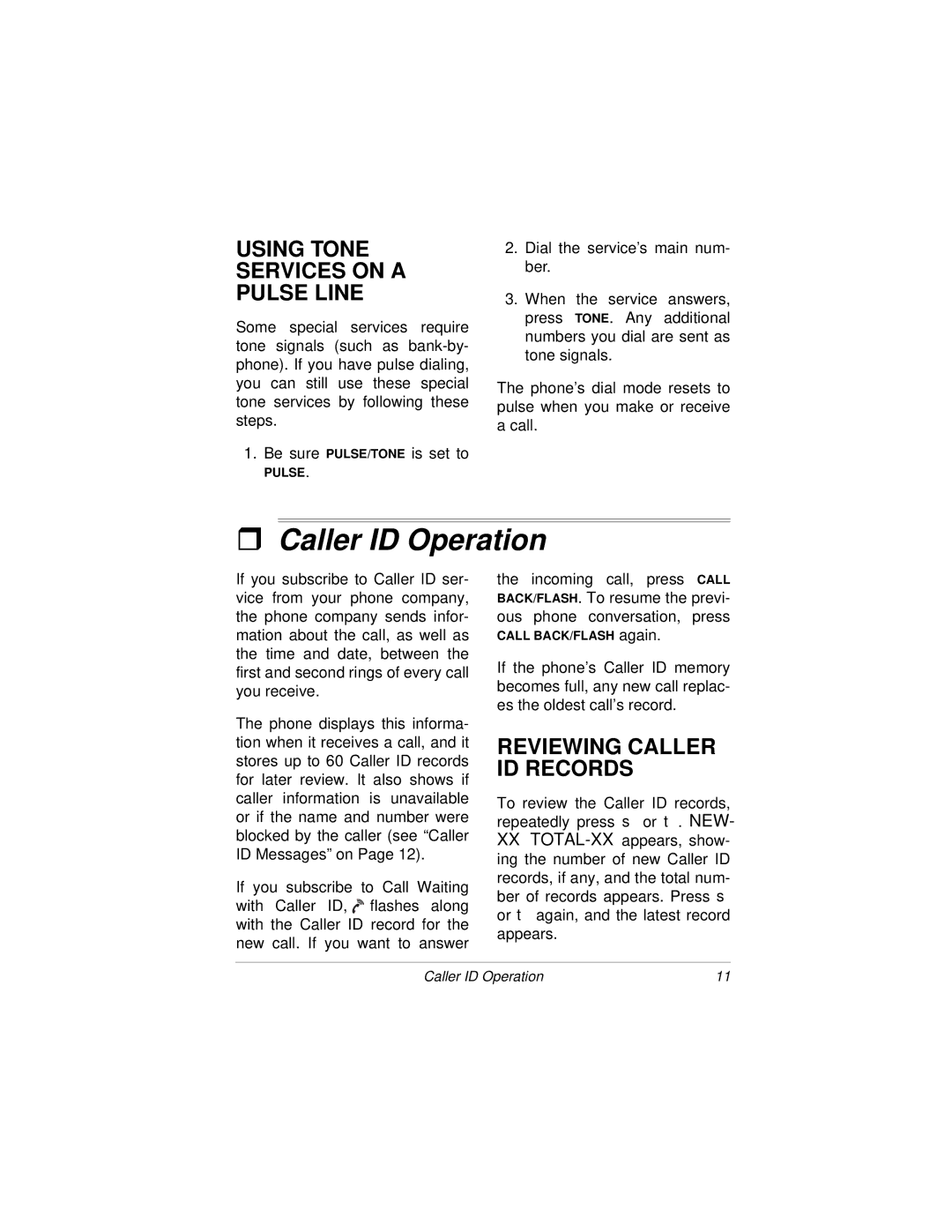 Radio Shack HandsfreePhone withCallerID/CallWaiting owner manual Caller ID Operation, Using Tone Services on a Pulse Line 