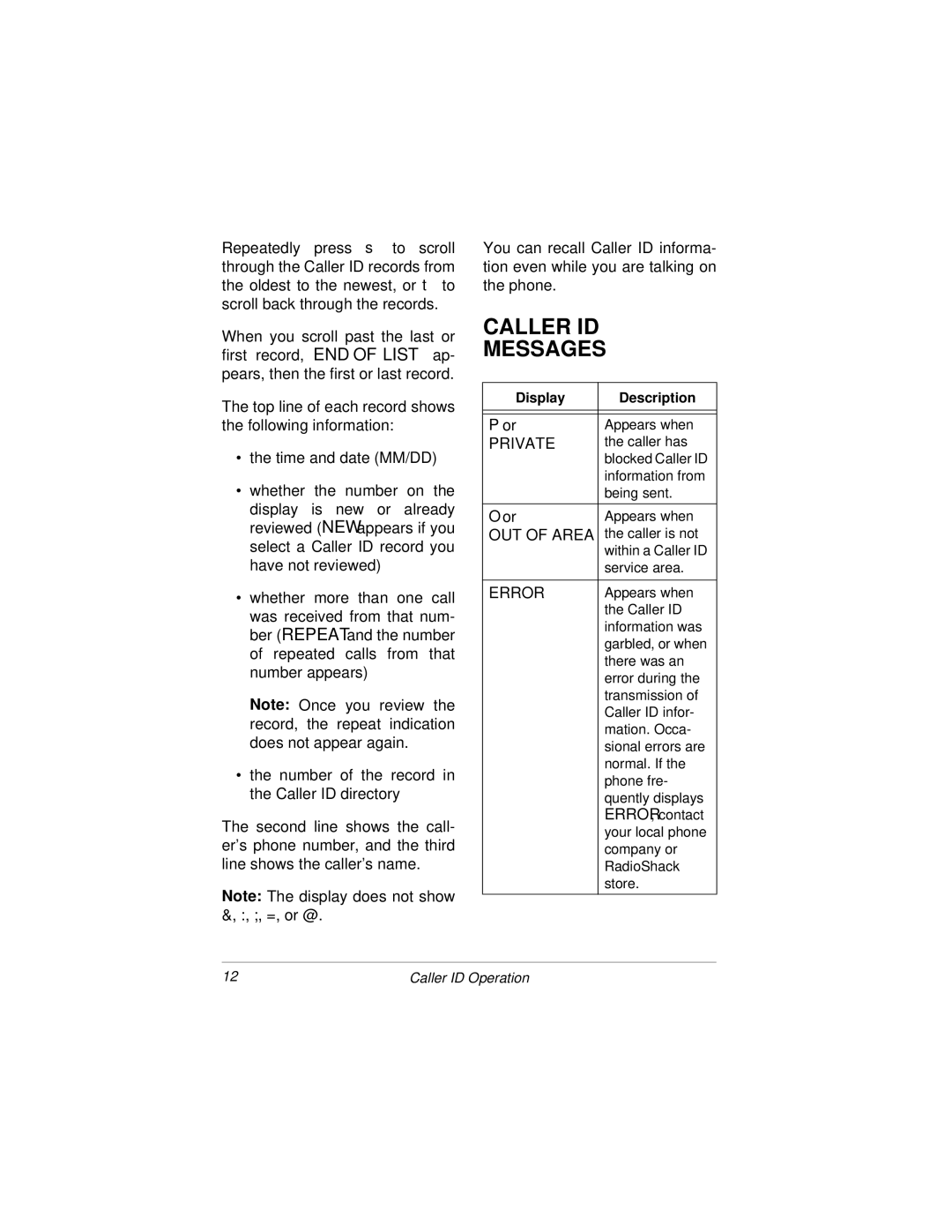 Radio Shack HandsfreePhone withCallerID/CallWaiting owner manual Caller ID Messages, Error 