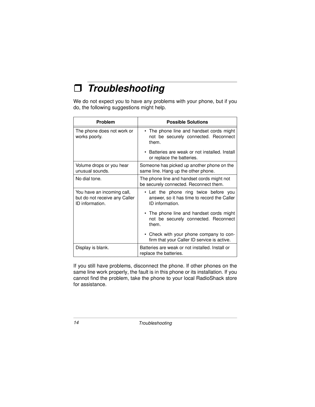 Radio Shack HandsfreePhone withCallerID/CallWaiting owner manual Troubleshooting, Problem Possible Solutions 