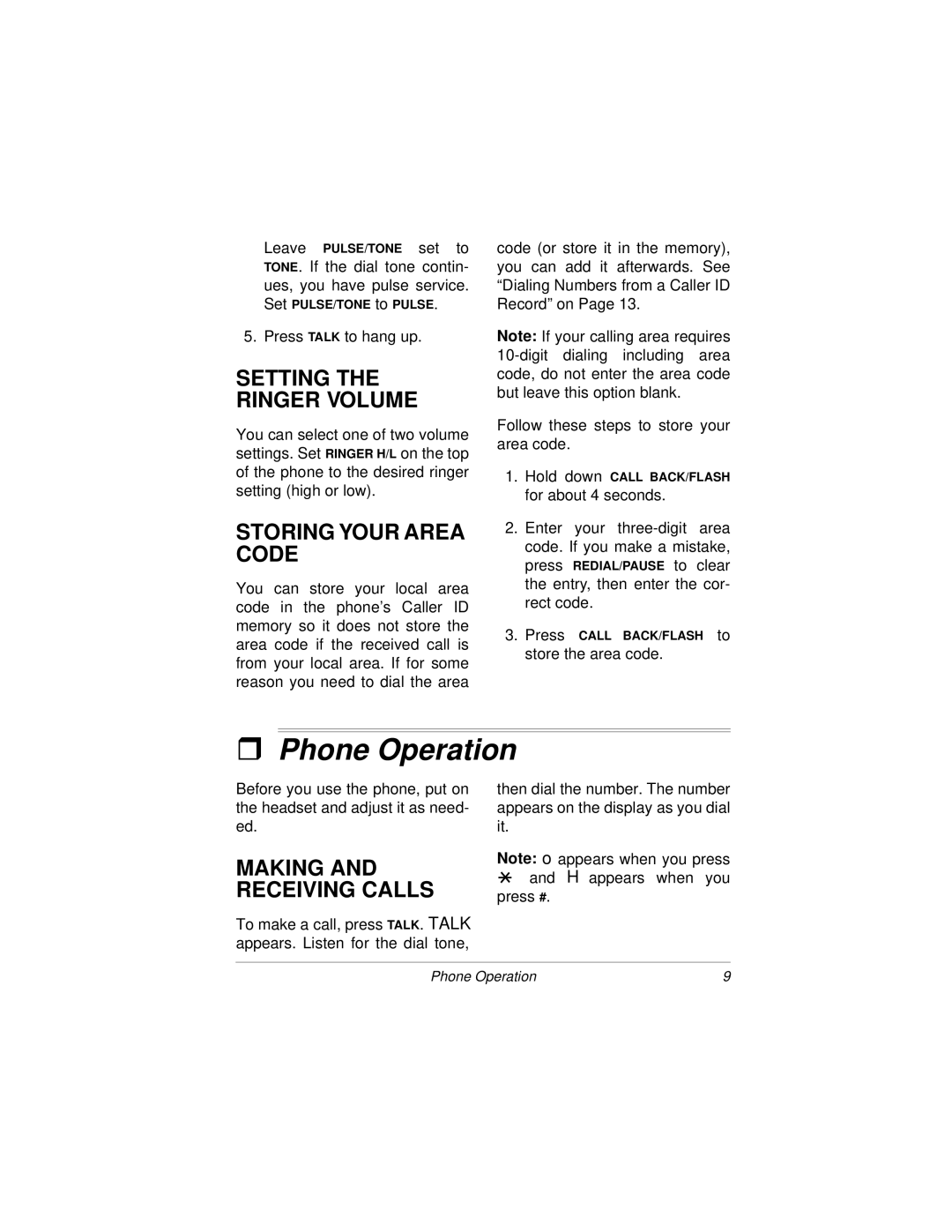 Radio Shack HandsfreePhone withCallerID/CallWaiting Phone Operation, Setting the Ringer Volume, Storing Your Area Code 