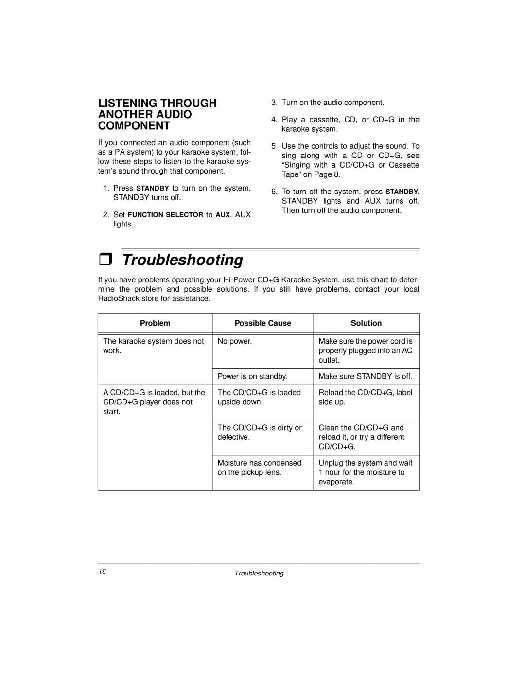 Radio Shack Hi-Power CD+G Karaoke System owner manual Troubleshooting, Listening Through Another Audio Component 