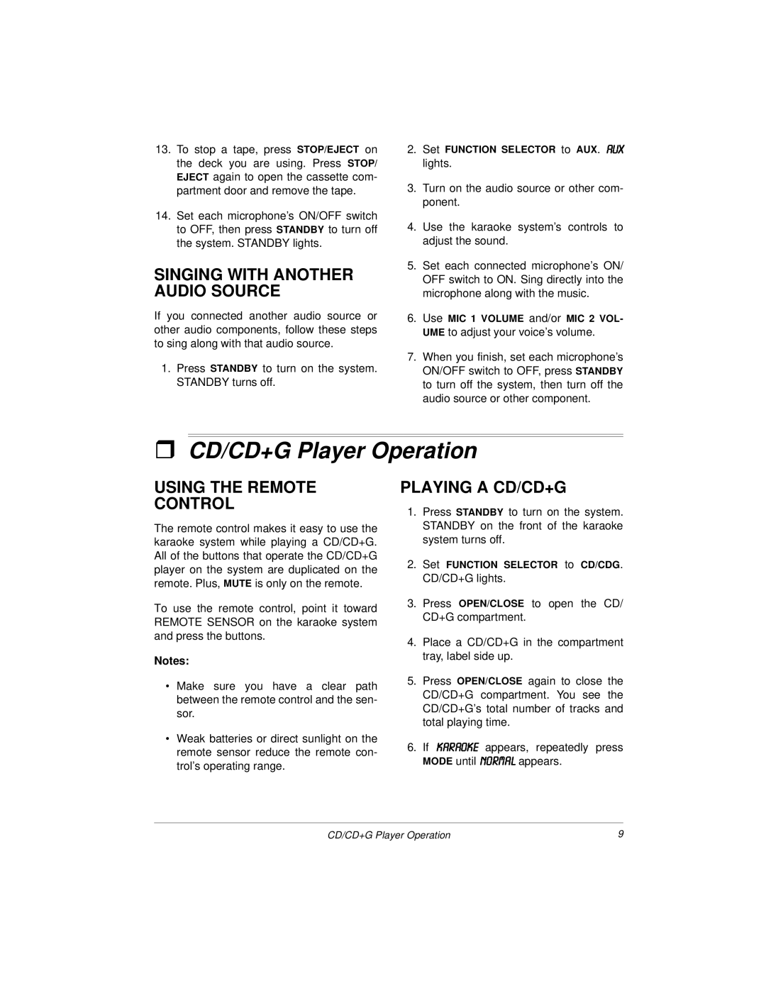 Radio Shack Hi-Power CD+G Karaoke System CD/CD+G Player Operation, Singing with Another Audio Source, Playing a CD/CD+G 
