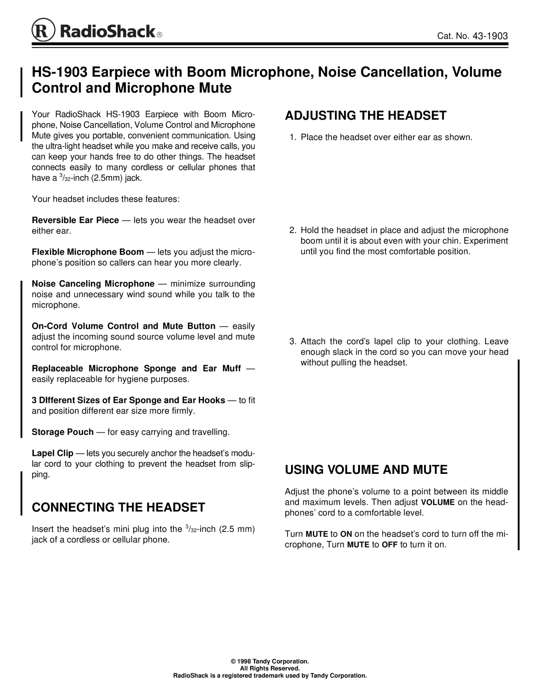 Radio Shack HS-1903 manual Connecting the Headset, Adjusting the Headset, Using Volume and Mute 