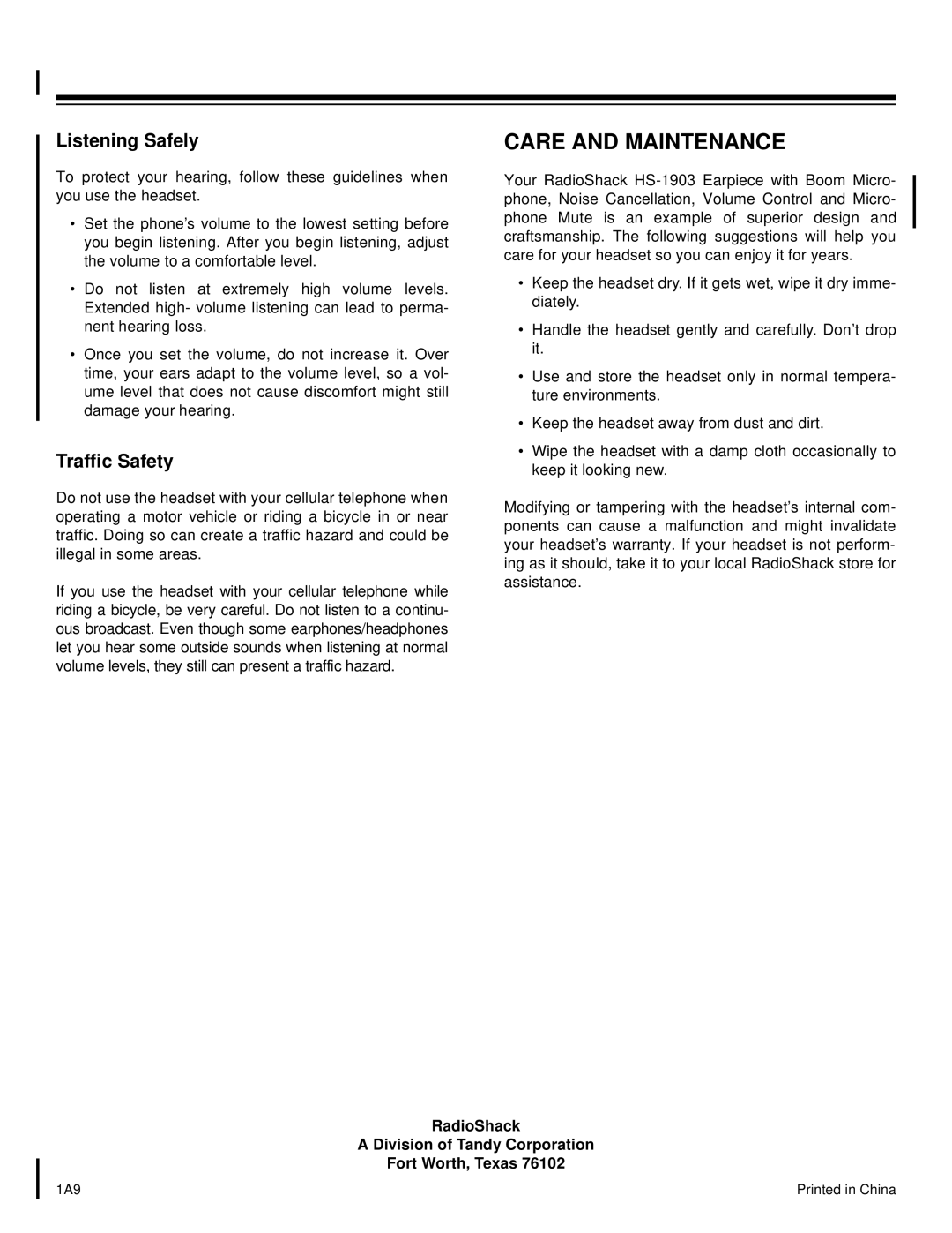 Radio Shack HS-1903 manual Care And Maintenance, Listening Safely, Traffic Safety 