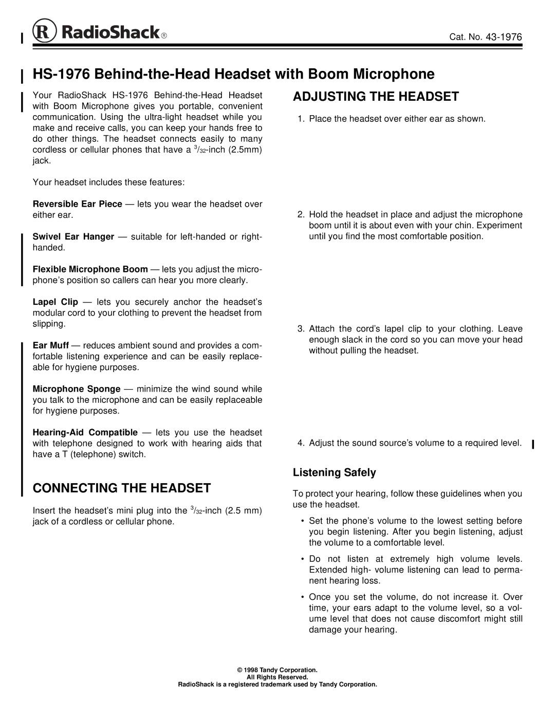 Radio Shack HS-1976 manual Adjusting the Headset, Connecting the Headset, Listening Safely 