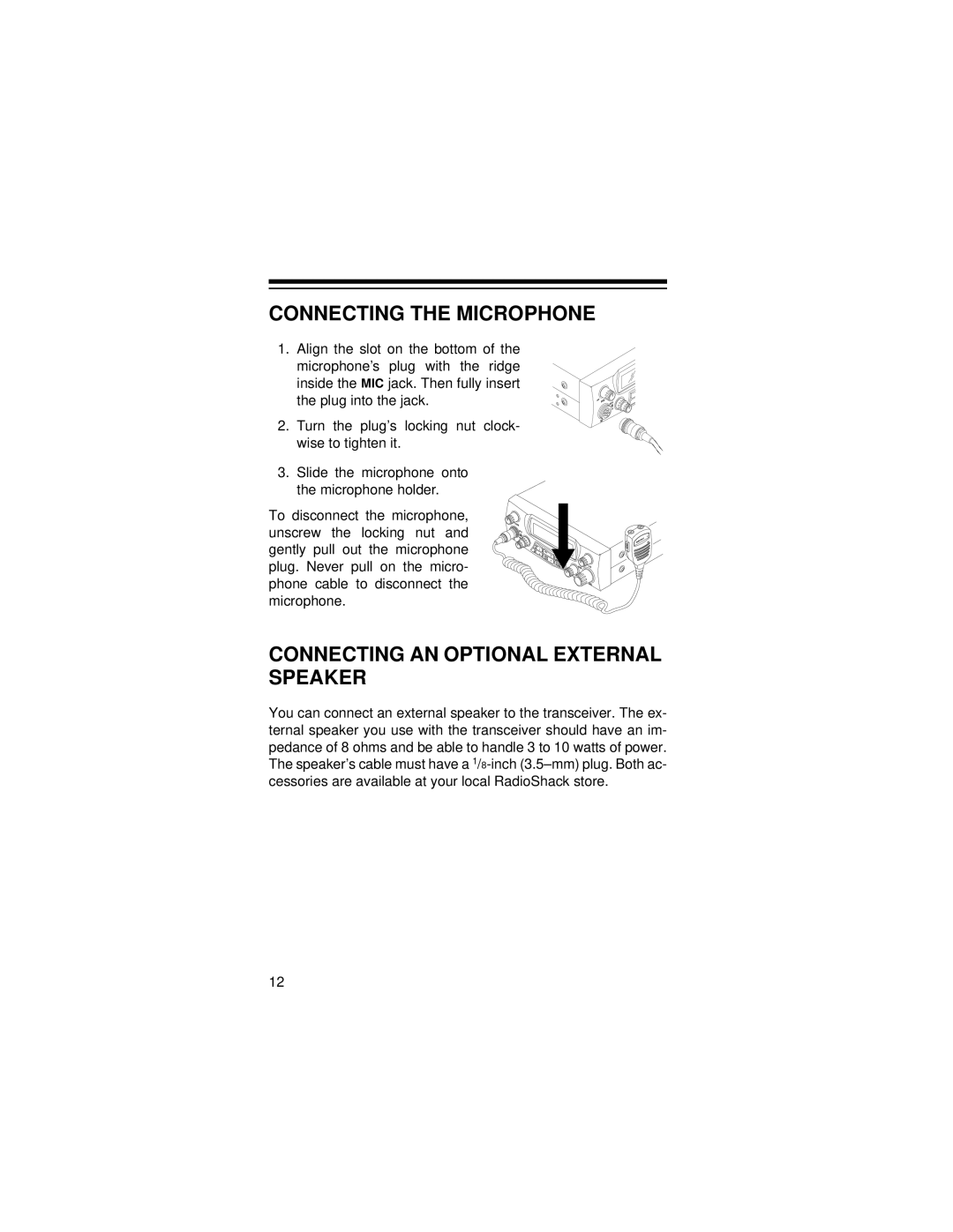 Radio Shack HTX-10 owner manual Connecting the Microphone, Connecting AN Optional External Speaker 