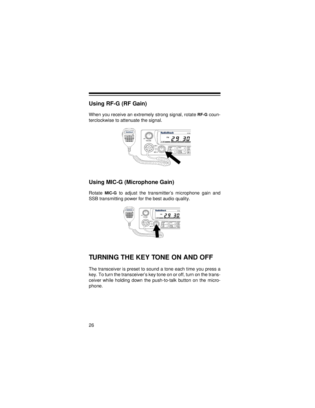 Radio Shack HTX-10 owner manual Turning the KEY Tone on and OFF, Using RF-G RF Gain, Using MIC-G Microphone Gain 