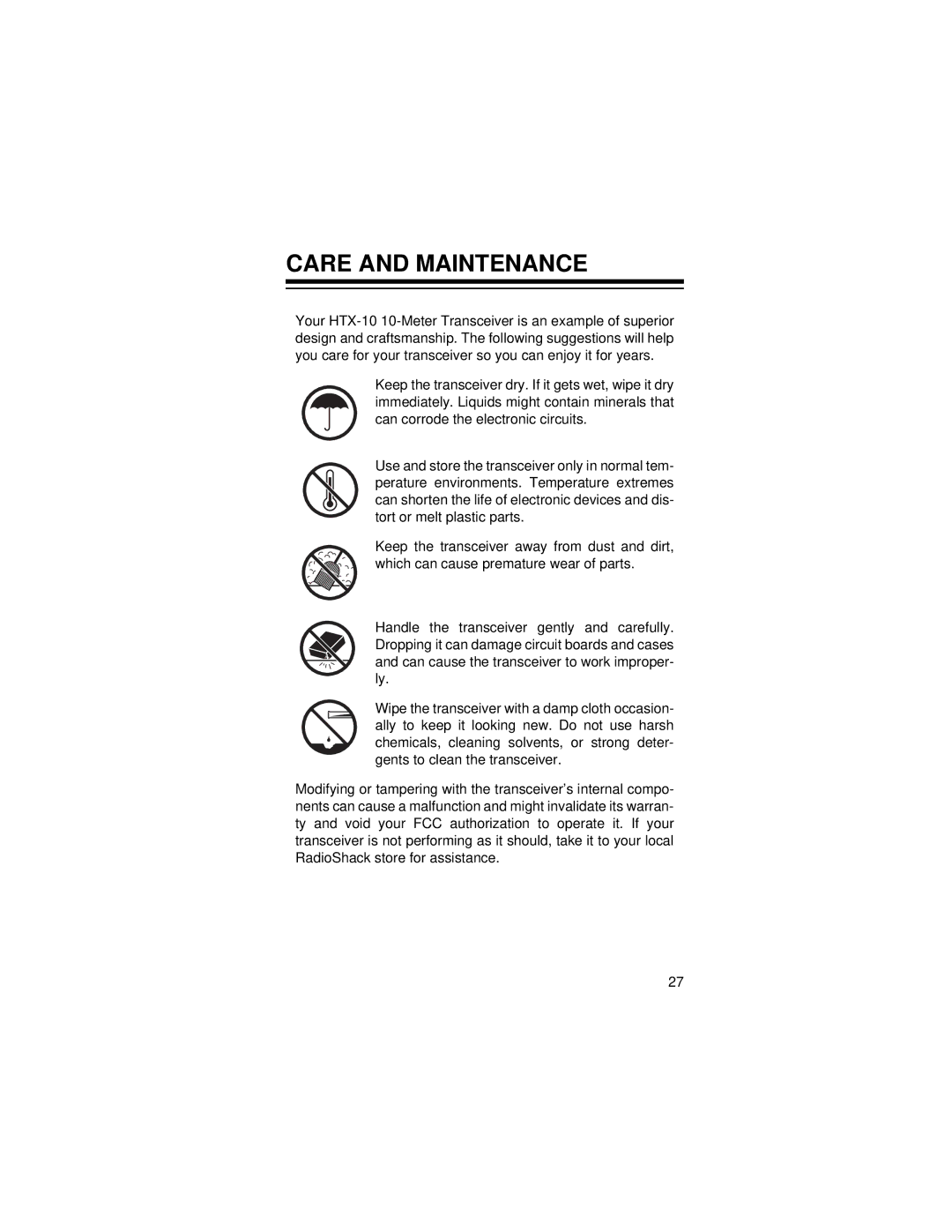 Radio Shack HTX-10 owner manual Care and Maintenance 