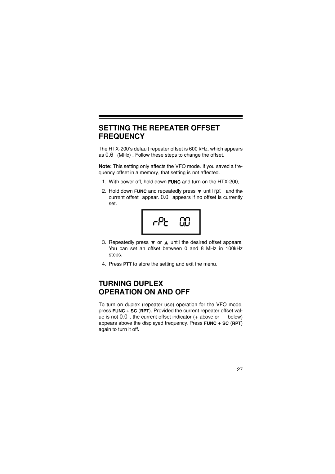 Radio Shack HTX-200 owner manual Setting the Repeater Offset Frequency, Turning Duplex Operation on and OFF 