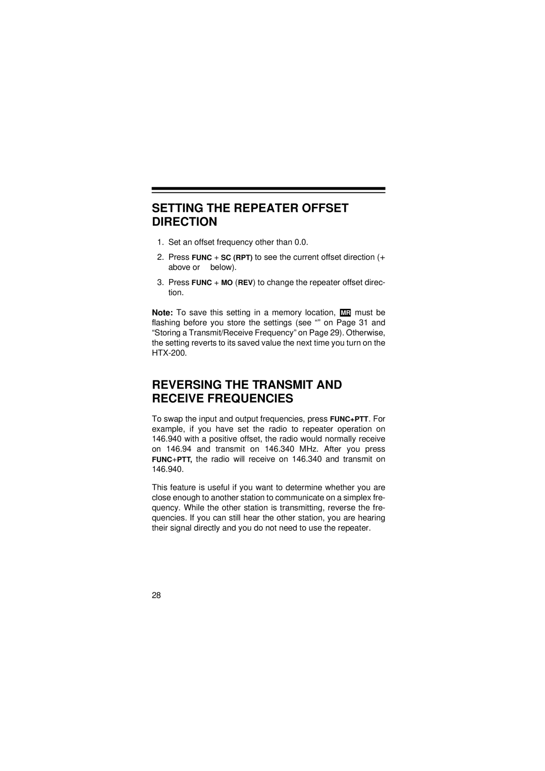 Radio Shack HTX-200 owner manual Setting the Repeater Offset Direction, Reversing the Transmit and Receive Frequencies 