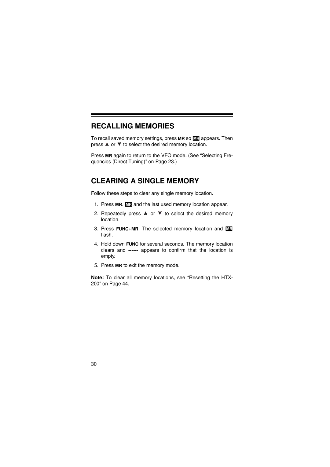 Radio Shack HTX-200 owner manual Recalling Memories, Clearing a Single Memory 