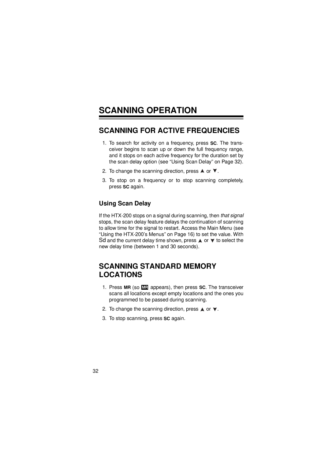 Radio Shack HTX-200 owner manual Scanning Operation, Scanning for Active Frequencies, Scanning Standard Memory Locations 