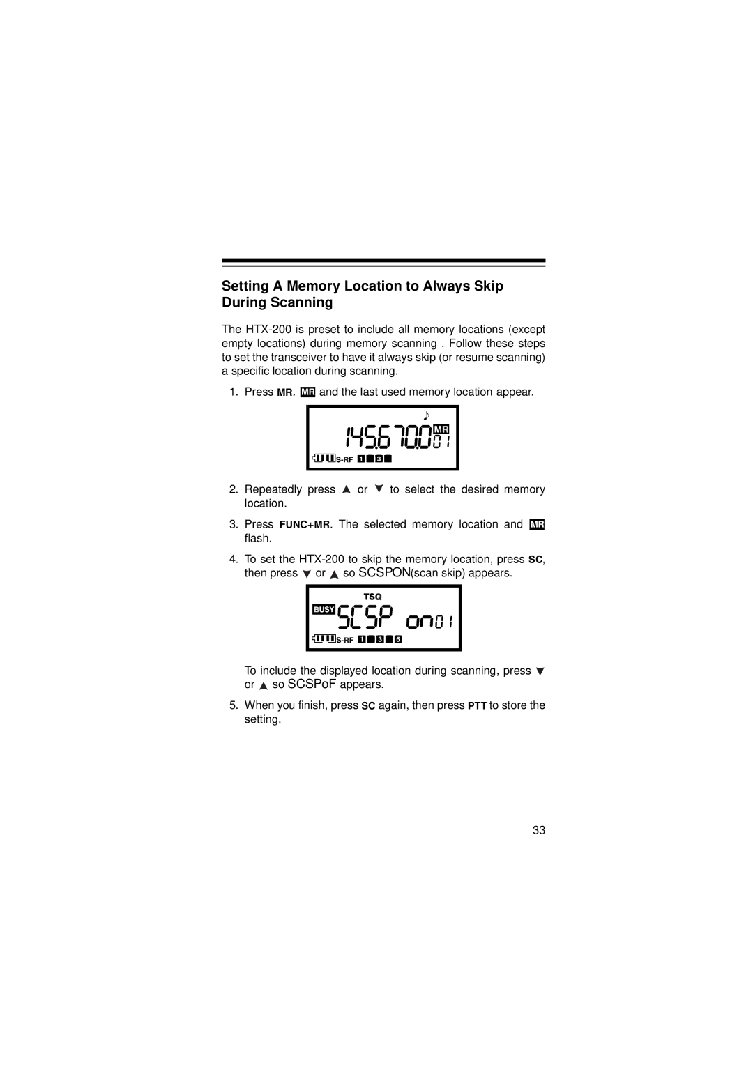 Radio Shack HTX-200 owner manual Setting a Memory Location to Always Skip During Scanning 