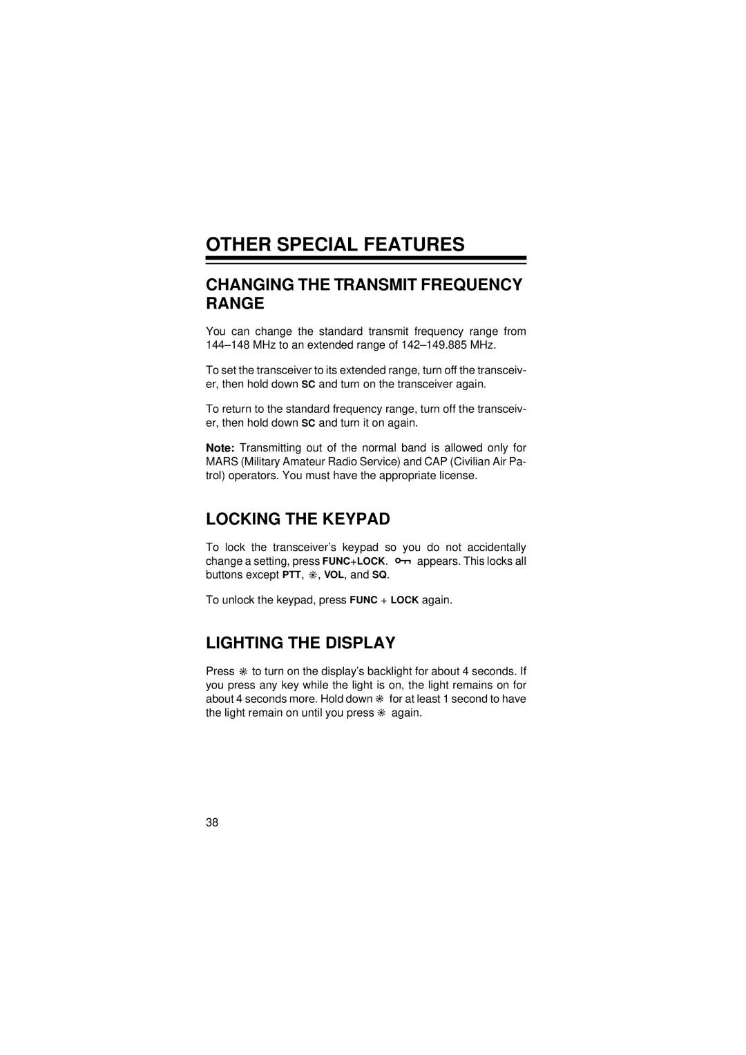 Radio Shack HTX-200 owner manual Other Special Features, Changing the Transmit Frequency Range, Locking the Keypad 