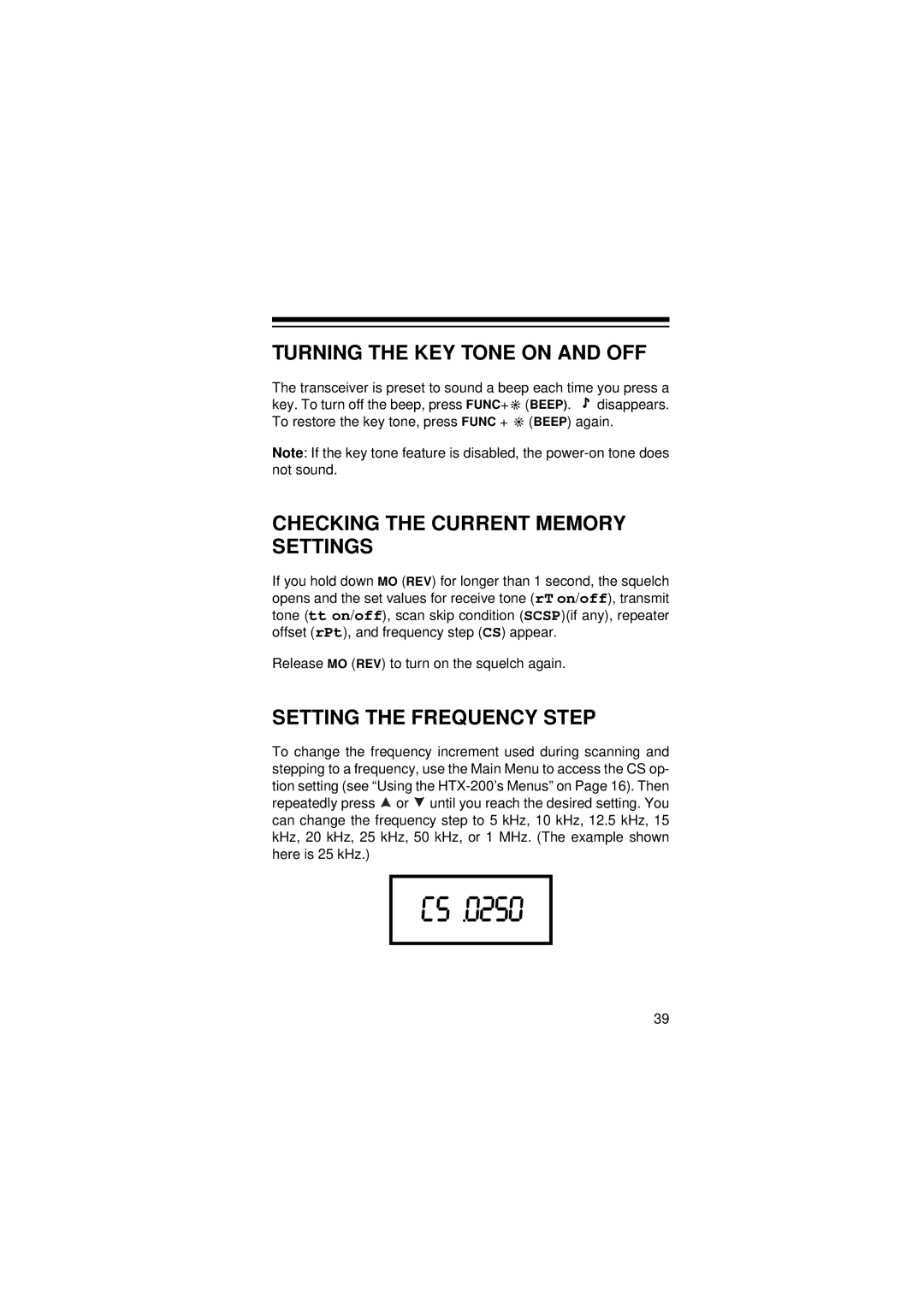 Radio Shack HTX-200 Turning the KEY Tone on and OFF, Checking the Current Memory Settings, Setting the Frequency Step 