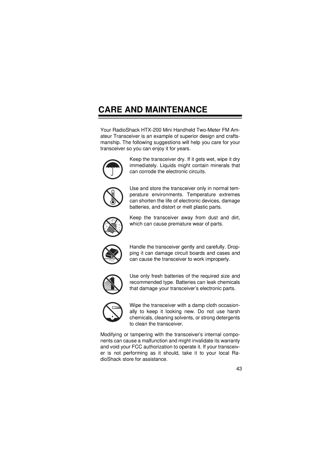 Radio Shack HTX-200 owner manual Care and Maintenance 