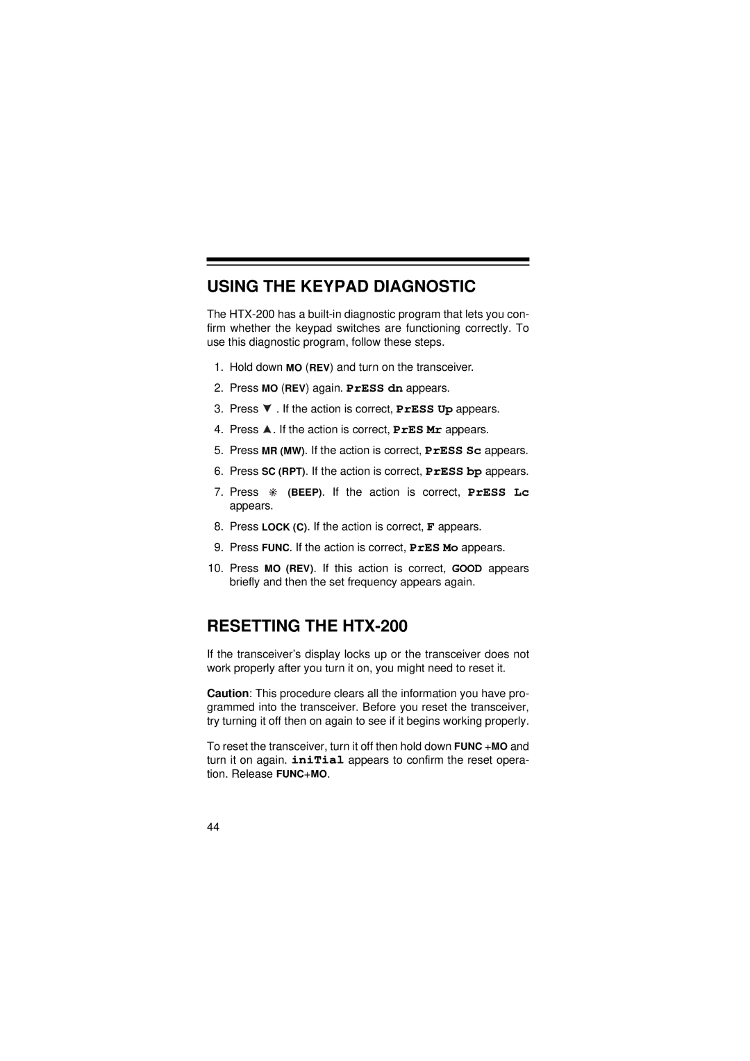 Radio Shack owner manual Using the Keypad Diagnostic, Resetting the HTX-200 