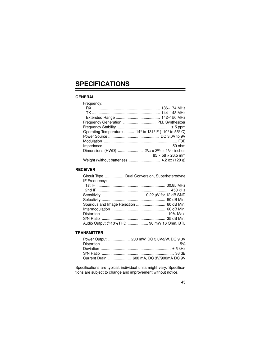 Radio Shack HTX-200 owner manual Specifications, General 