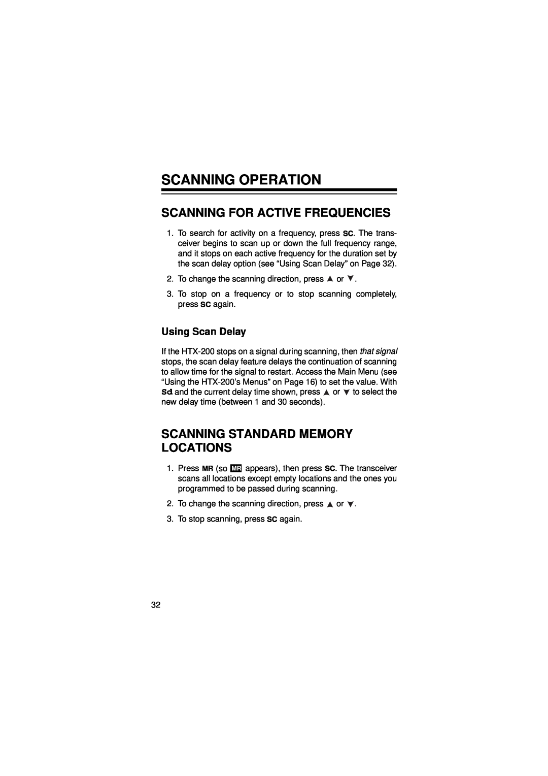 Radio Shack HTX-200 owner manual Scanning Operation, Scanning For Active Frequencies, Scanning Standard Memory Locations 