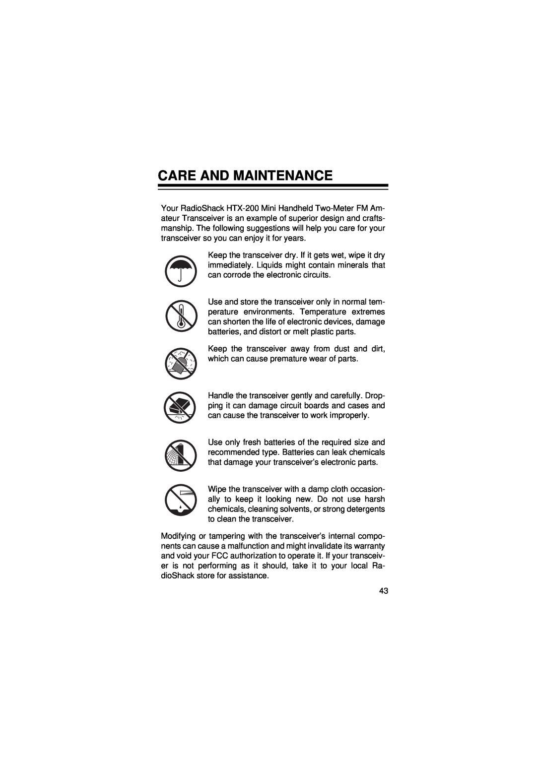 Radio Shack HTX-200 owner manual Care And Maintenance 
