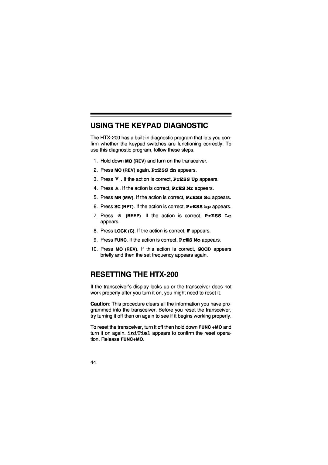 Radio Shack owner manual Using The Keypad Diagnostic, RESETTING THE HTX-200 