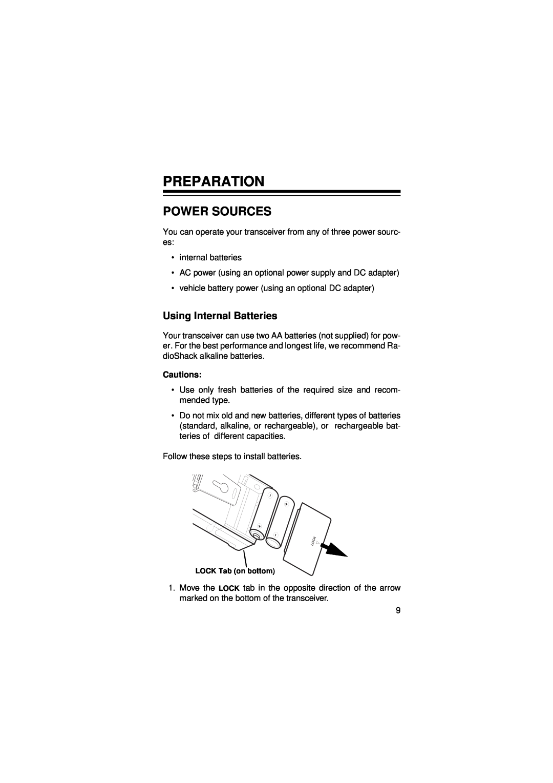 Radio Shack HTX-200 owner manual Preparation, Power Sources, Using Internal Batteries 