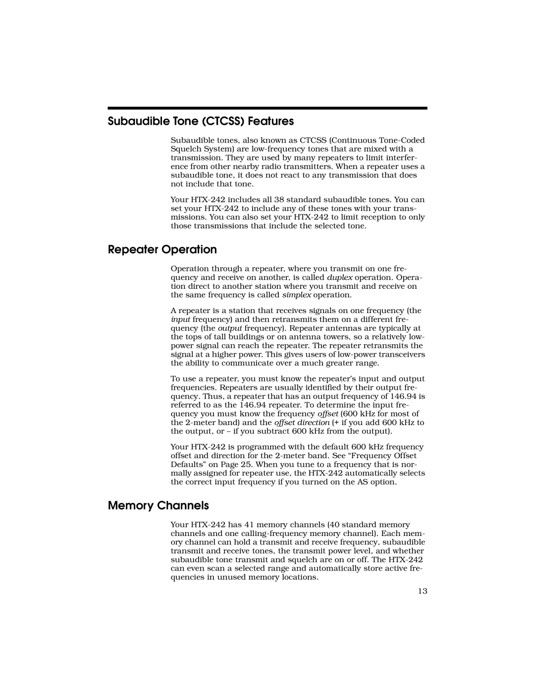 Radio Shack HTX-242 owner manual Subaudible Tone Ctcss Features, Repeater Operation, Memory Channels 