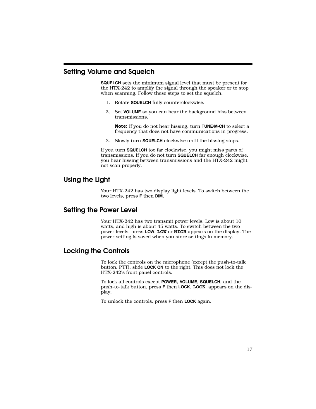 Radio Shack HTX-242 owner manual Setting Volume and Squelch, Using the Light, Setting the Power Level, Locking the Controls 