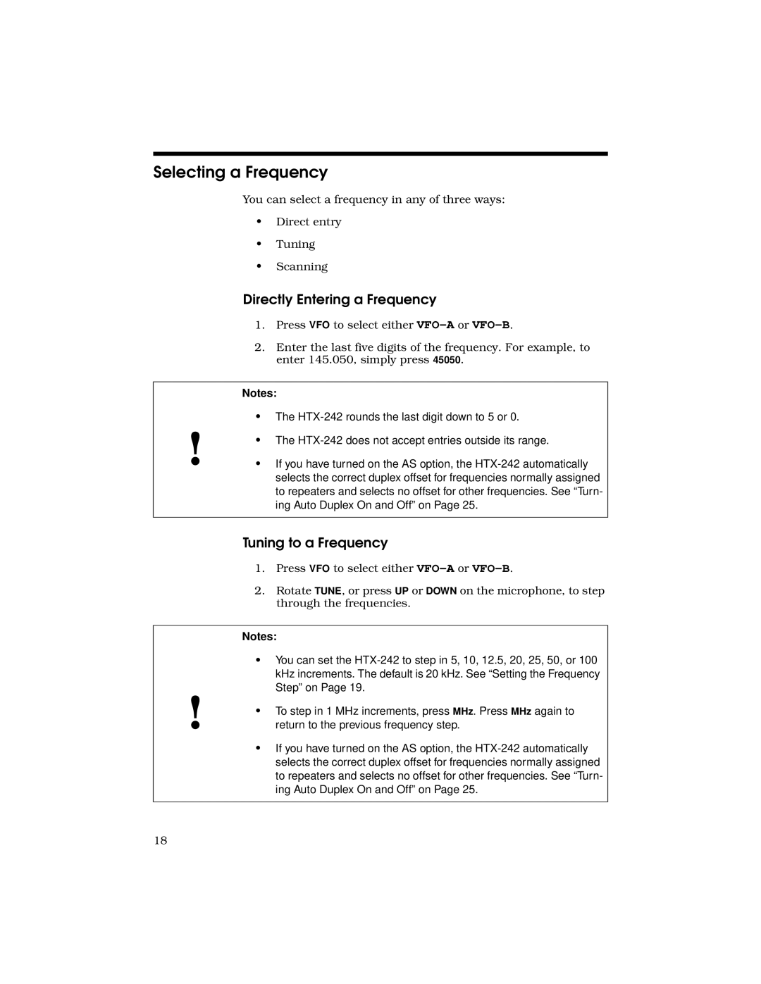 Radio Shack HTX-242 owner manual Selecting a Frequency, Directly Entering a Frequency, Tuning to a Frequency 