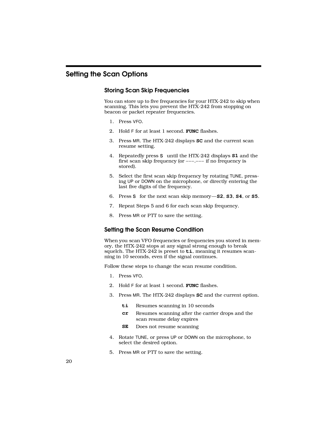 Radio Shack HTX-242 owner manual Setting the Scan Options, Storing Scan Skip Frequencies, Setting the Scan Resume Condition 