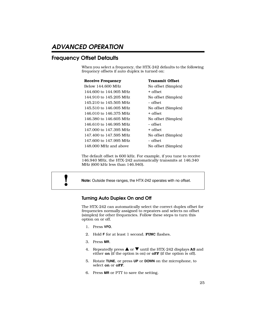 Radio Shack HTX-242 owner manual Advanced Operation, Frequency Offset Defaults, Turning Auto Duplex On and Off 