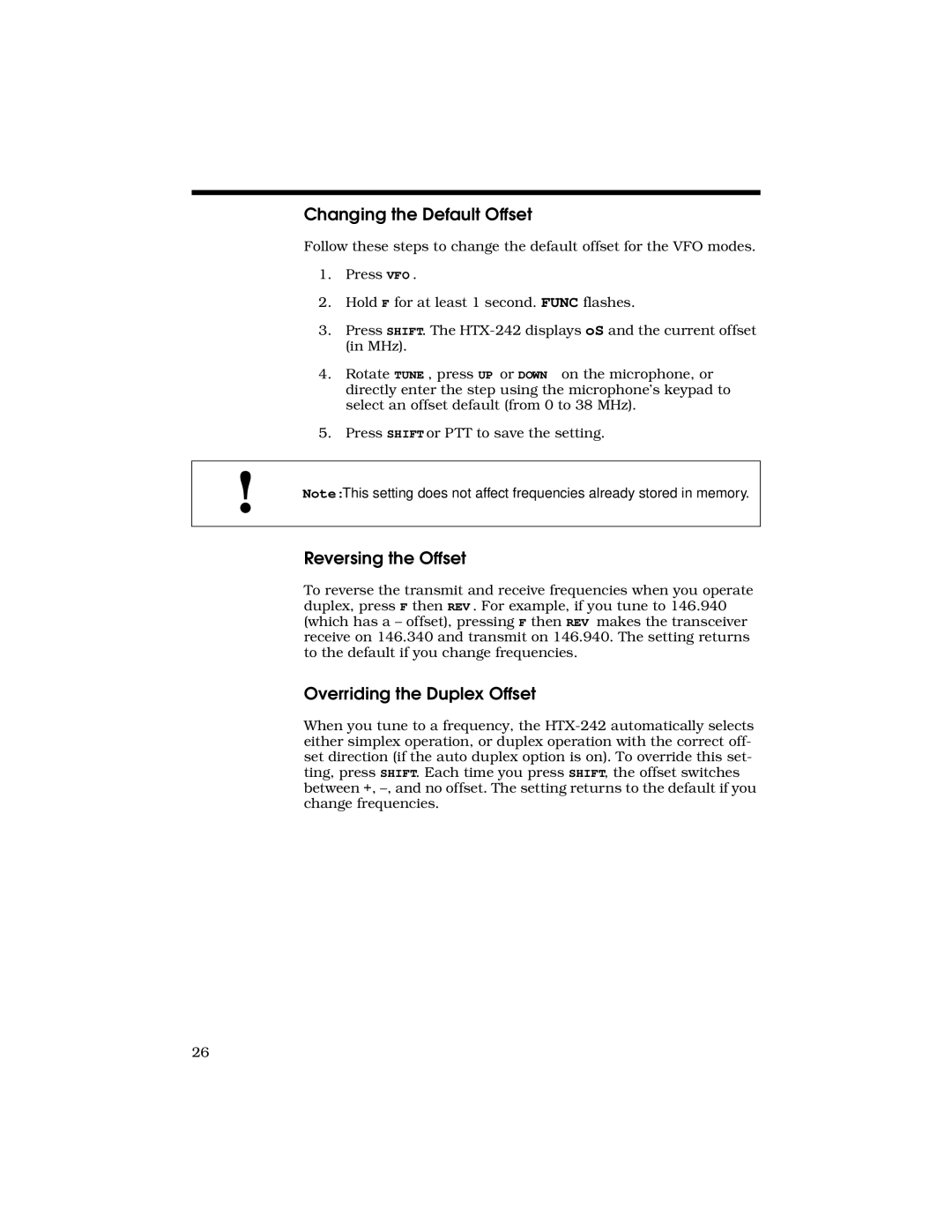 Radio Shack HTX-242 owner manual Changing the Default Offset, Reversing the Offset, Overriding the Duplex Offset 