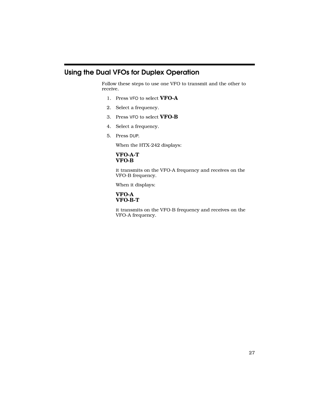 Radio Shack HTX-242 owner manual Using the Dual VFOs for Duplex Operation 