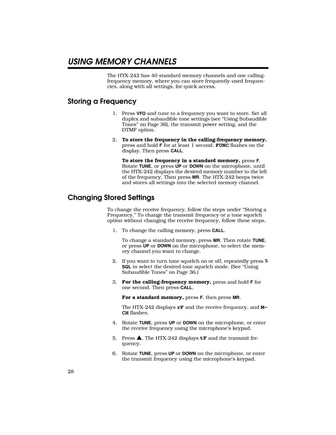 Radio Shack HTX-242 owner manual Using Memory Channels, Storing a Frequency, Changing Stored Settings 