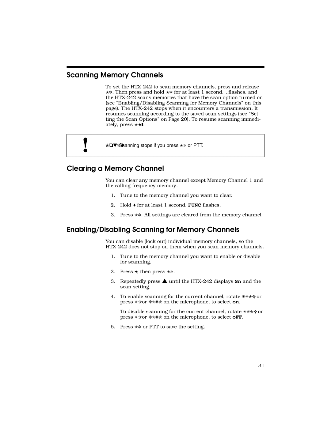 Radio Shack HTX-242 Scanning Memory Channels, Clearing a Memory Channel, Enabling/Disabling Scanning for Memory Channels 