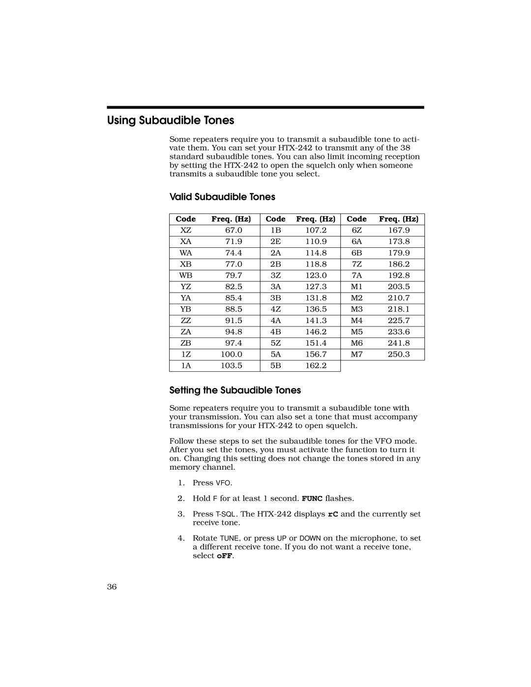 Radio Shack HTX-242 Using Subaudible Tones, Valid Subaudible Tones, Setting the Subaudible Tones, Code Freq. Hz 