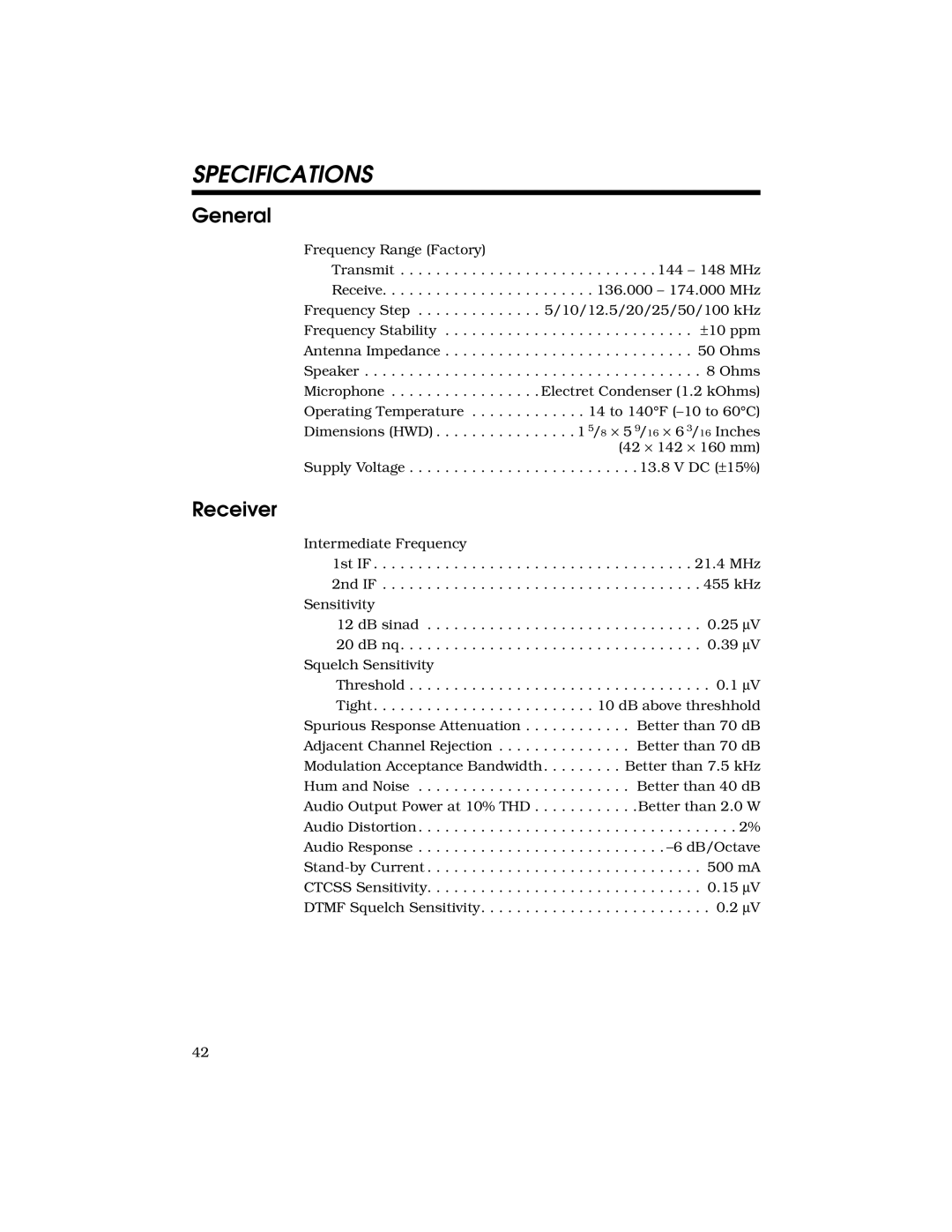 Radio Shack HTX-242 owner manual Specifications, General, Receiver 