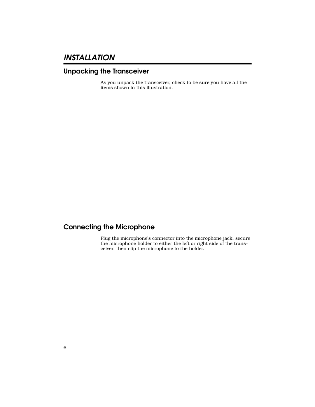 Radio Shack HTX-242 owner manual Installation, Unpacking the Transceiver, Connecting the Microphone 