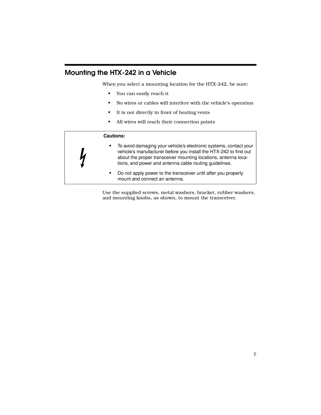 Radio Shack owner manual Mounting the HTX-242 in a Vehicle 